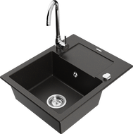 Mexen Enzo granite 1-bowl sink with drainer and Telma kitchen faucet, black/gold - 6506-75-670200-00