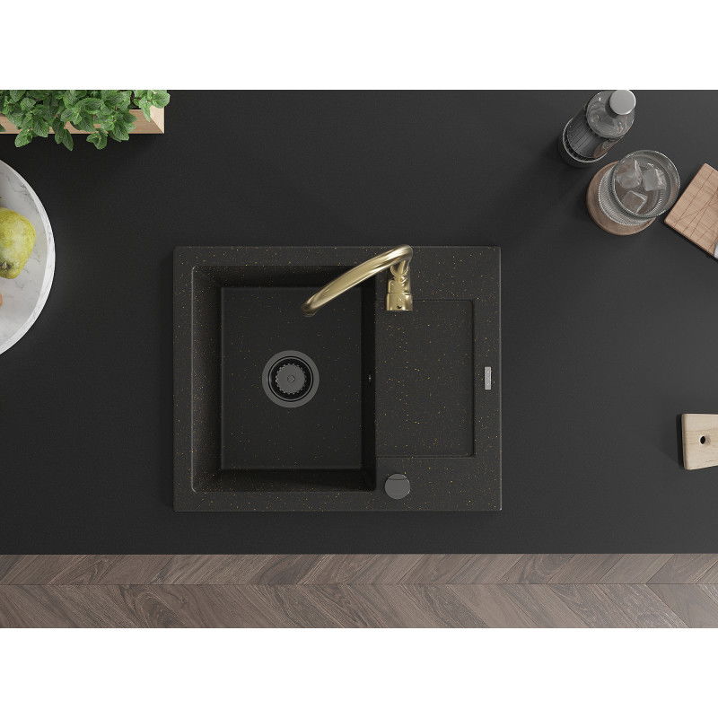 Mexen Enzo granite sink 1-bowl with drainer and Telma kitchen tap, black/gold - 6506-75-670200-50-B