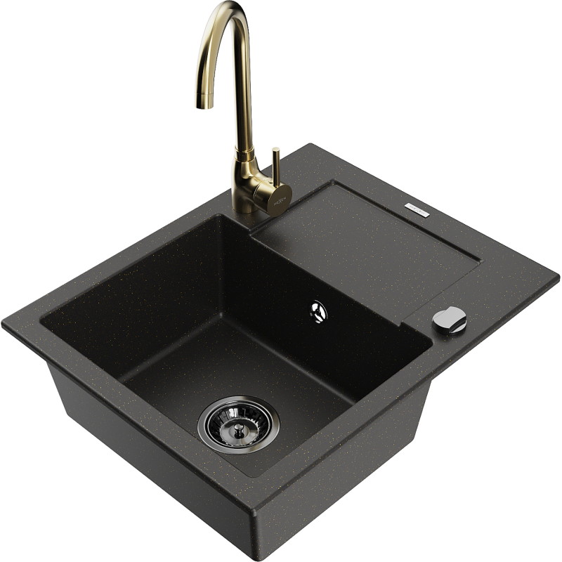 Mexen Enzo 1-bowl granite sink with drainer and Telma kitchen faucet, black/gold - 6506-75-670200-50-B