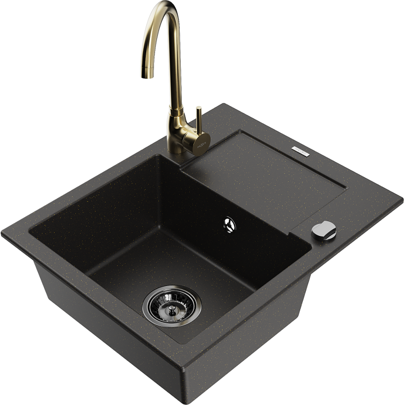 Mexen Enzo 1-compartment granite sink with a drip tray and kitchen mixer tap Telma, Black/Gold - 6506-75-670200-50-B
