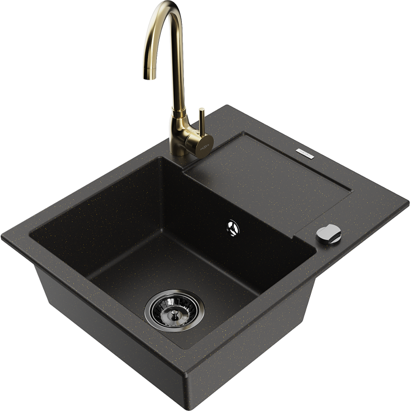 Mexen Enzo granite sink 1-bowl with drainer and Telma kitchen tap, black/gold - 6506-75-670200-50-B