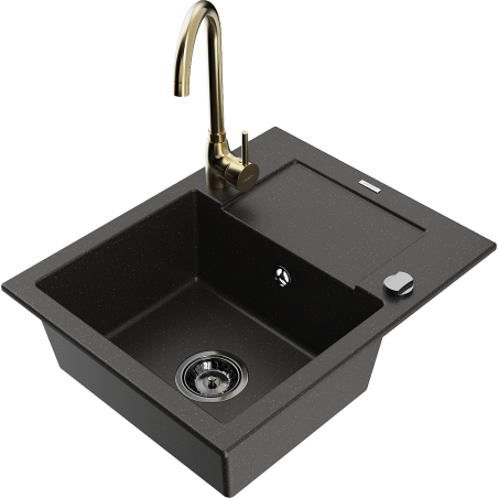 Mexen Enzo 1-bowl granite kitchen sink with drainer and Telma faucet, black/gold - 6506-75-670200-50-B