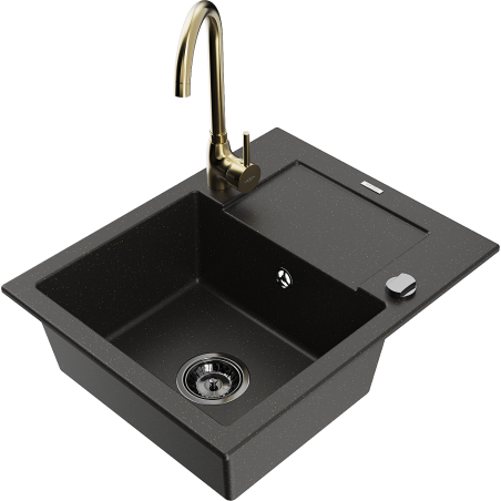 Mexen Enzo 1-bowl granite sink with drainer and Telma kitchen faucet, black/gold - 6506-75-670200-50-B