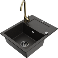 Mexen Enzo 1-bowl granite kitchen sink with drainer and Telma faucet, black/gold - 6506-75-670200-50-B