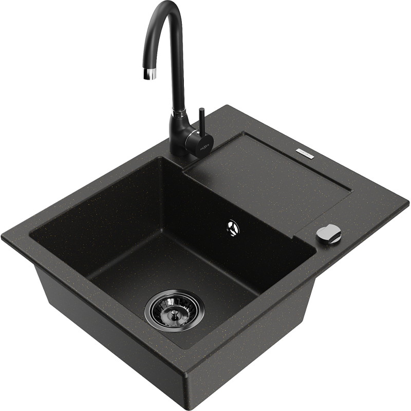 Mexen Enzo 1-Bowl Granite Kitchen Sink with Drainer and Telma Faucet, Black/Gold - 6506-75-670200-70-B