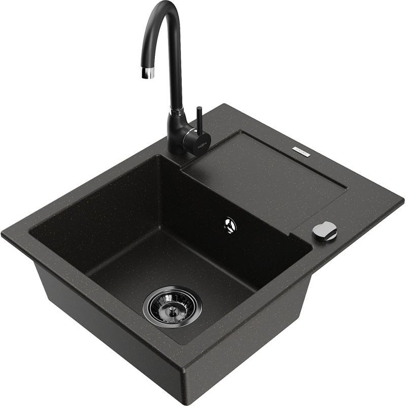 Mexen Enzo 1-compartment granite sink with a drip tray and kitchen mixer tap Telma, Black/Gold - 6506-75-670200-70-B