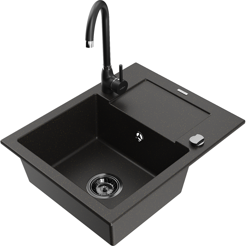 Mexen Enzo granite sink 1-bowl with drainer and Telma kitchen tap, black/gold - 6506-75-670200-70-B