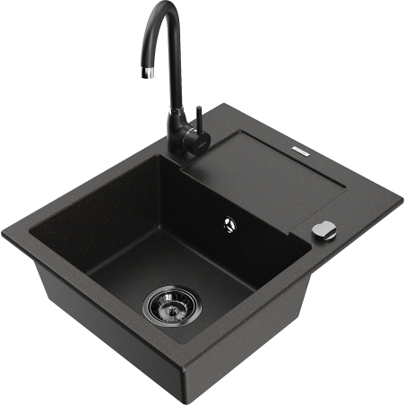 Mexen Enzo granite sink 1-bowl with drainer and Telma kitchen tap, black/gold - 6506-75-670200-70-B