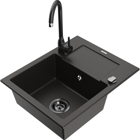 Mexen Enzo granite sink with 1 basin, drainer, and Telma kitchen faucet, black/gold - 6506-75-670200-70-B