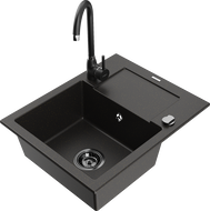 Mexen Enzo granite sink with 1 basin, drainer, and Telma kitchen faucet, black/gold - 6506-75-670200-70-B