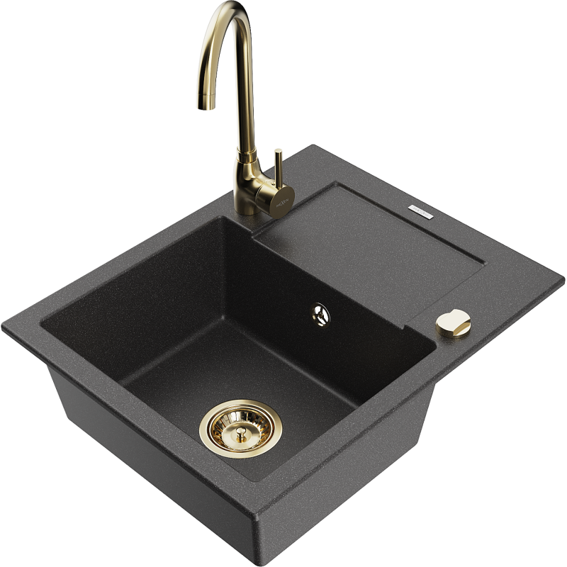 Mexen Enzo 1-compartment granite sink with a drip tray and kitchen mixer tap Telma, spotted black - 6506-76-670200-50