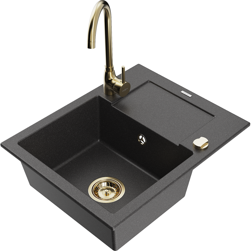 Mexen Enzo granite sink 1-bowl with drainer and Telma kitchen tap, black speckled - 6506-76-670200-50