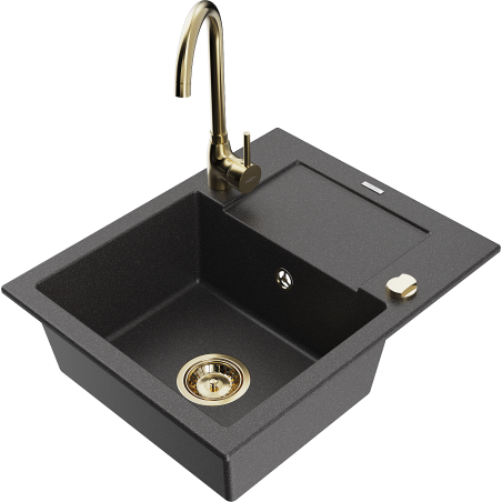 Mexen Enzo granite single-bowl sink with drainer and Telma kitchen faucet, speckled black - 6506-76-670200-50