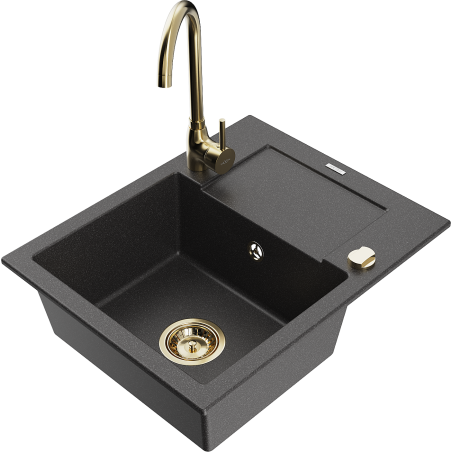 Mexen Enzo granite sink 1-bowl with drainer and Telma kitchen tap, black speckled - 6506-76-670200-50