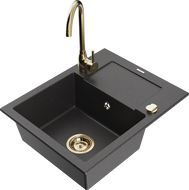 Mexen Enzo 1-bowl granite sink with drainer and Telma kitchen faucet, black speckled - 6506-76-670200-50