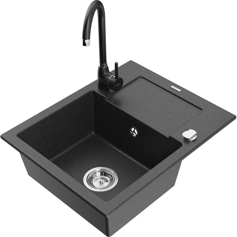 Mexen Enzo 1-compartment granite sink with a drip tray and kitchen mixer tap Telma, spotted black - 6506-76-670200-70