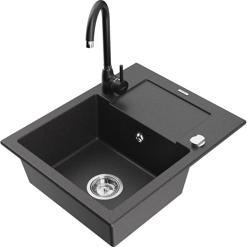 Mexen Enzo granite single-bowl sink with drainer and Telma kitchen faucet, black speckled - 6506-76-670200-70
