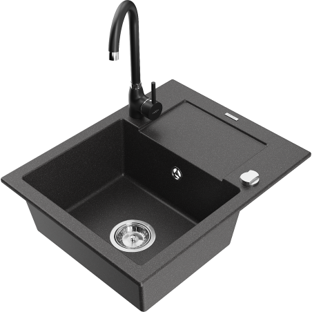 Mexen Enzo 1-compartment granite sink with a drip tray and kitchen mixer tap Telma, spotted black - 6506-76-670200-70