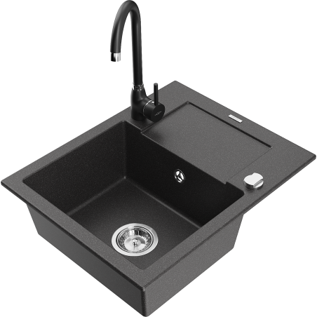 Mexen Enzo granite sink 1-bowl with drainer and Telma kitchen tap, speckled black - 6506-76-670200-70