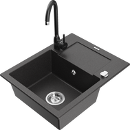 Mexen Enzo granite single-bowl sink with drainer and Telma kitchen faucet, black speckled - 6506-76-670200-70