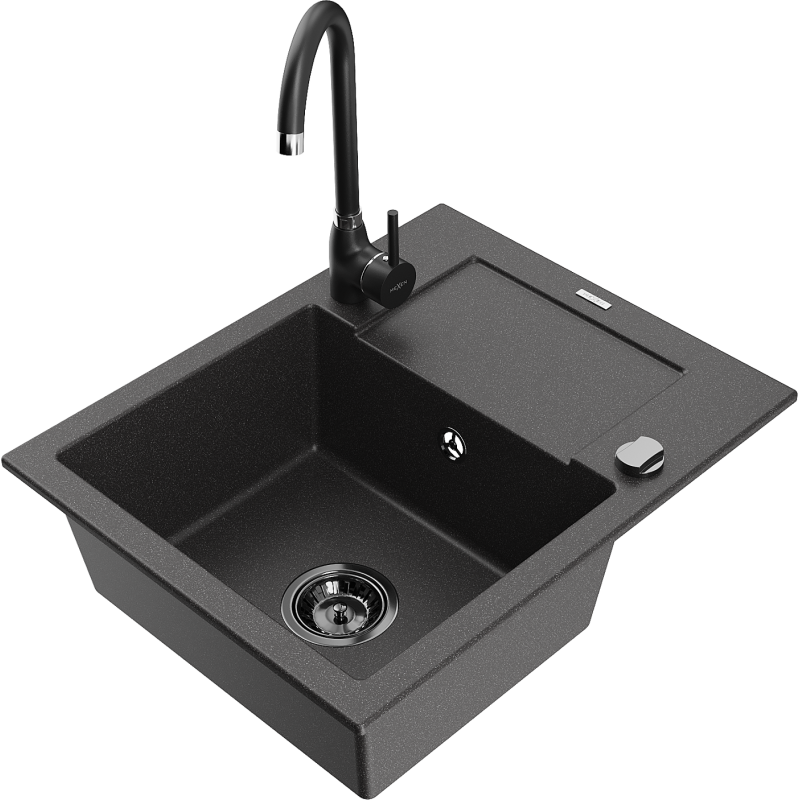 Mexen Enzo 1-compartment granite sink with a drip tray and kitchen mixer tap Telma, spotted black - 6506-76-670200-70-B