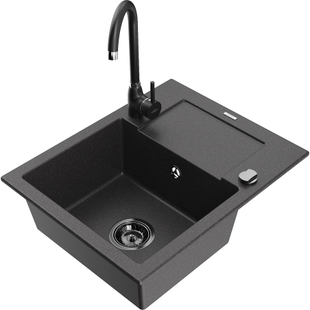 Mexen Enzo granite sink 1-bowl with drainer and kitchen faucet Telma, speckled black - 6506-76-670200-70-B