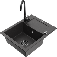Mexen Enzo granite kitchen sink 1-bowl with drainer and Telma kitchen faucet, black speckled - 6506-76-670200-70-B