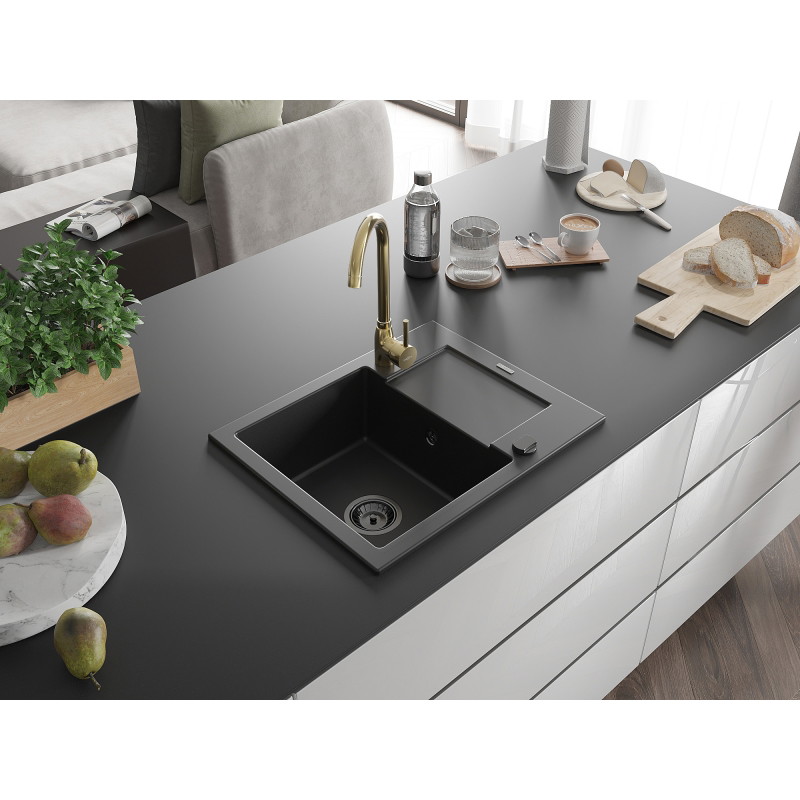 Mexen Enzo 1-bowl granite sink with drainer and Telma kitchen faucet, black - 6506-77-670200-50-B