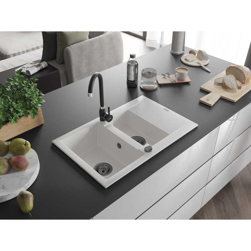 Mexen Gaspar granite sink 1.5-basin with drainer and Telma kitchen faucet, white - 6507-20-670200-70