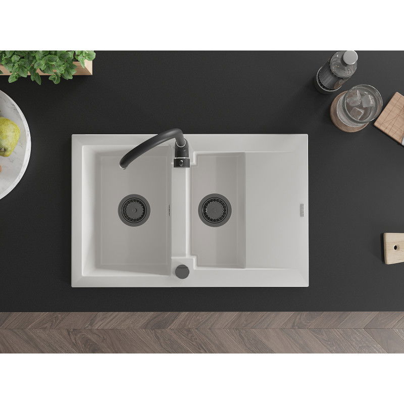 Mexen Gaspar granite sink 1.5-bowl with drainer and Telma kitchen tap, white - 6507-20-670200-70
