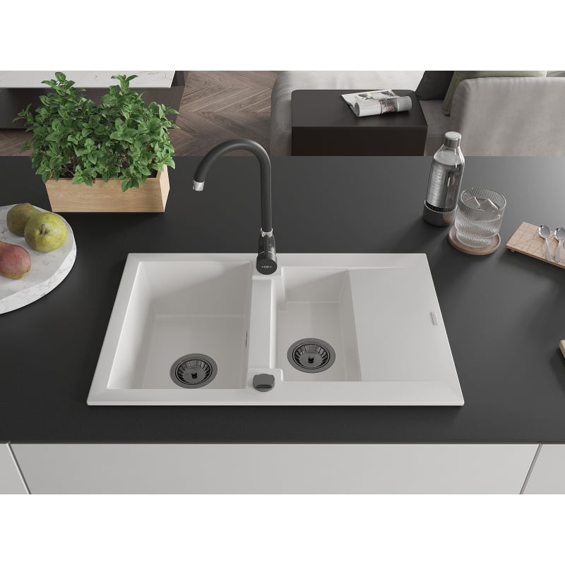 Mexen Gaspar granite kitchen sink 1.5-bowl with drainer and Telma kitchen faucet, white - 6507-20-670200-70