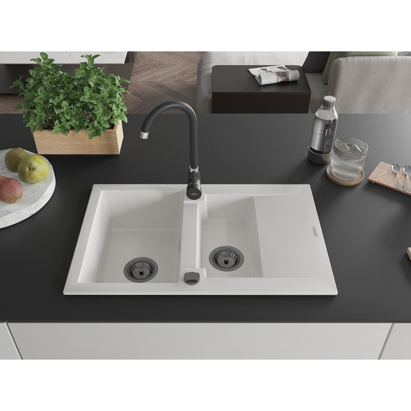 Mexen Gaspar granite sink 1.5-basin with drainer and Telma kitchen faucet, white - 6507-20-670200-70
