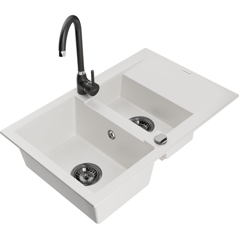 Mexen Gaspar 1.5-compartment granite sink with a drip tray and kitchen mixer tap Telma, White - 6507-20-670200-70