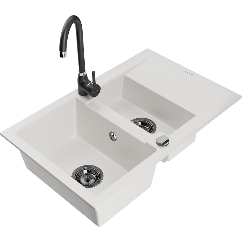 Mexen Gaspar granite kitchen sink 1.5-bowl with drainer and Telma kitchen faucet, white - 6507-20-670200-70