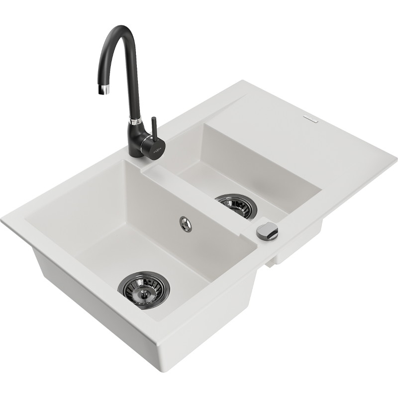 Mexen Gaspar granite sink 1.5-basin with drainer and Telma kitchen faucet, white - 6507-20-670200-70