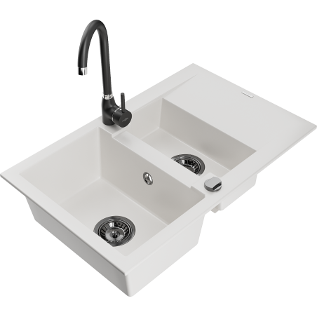 Mexen Gaspar 1.5-compartment granite sink with a drip tray and kitchen mixer tap Telma, White - 6507-20-670200-70