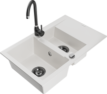 Mexen Gaspar 1.5-compartment granite sink with a drip tray and kitchen mixer tap Telma, White - 6507-20-670200-70