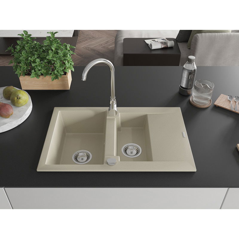 Mexen Gaspar granite sink 1.5-bowl with drainer and Telma kitchen tap, beige - 6507-69-670200-00