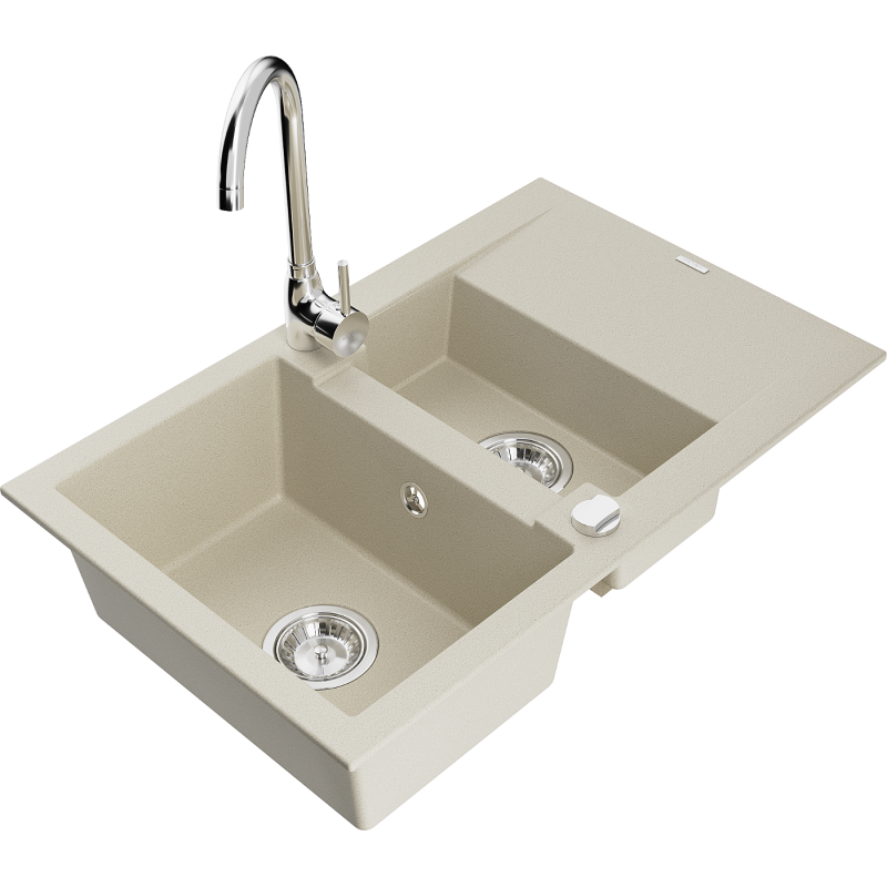 Mexen Gaspar 1.5-compartment granite sink with a drip tray and kitchen mixer tap Telma, Beige - 6507-69-670200-00