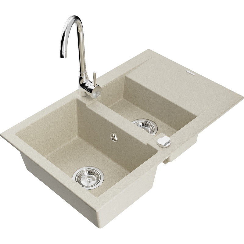 Mexen Gaspar granite sink 1.5-bowl with drainer and Telma kitchen faucet, beige - 6507-69-670200-00