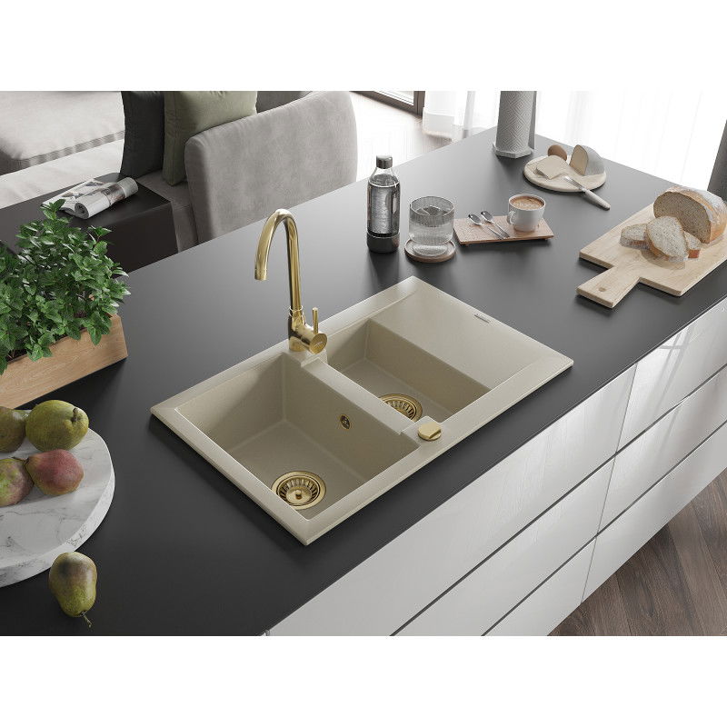 Mexen Gaspar 1.5-bowl granite sink with drainer and Telma kitchen tap, beige - 6507-69-670200-50