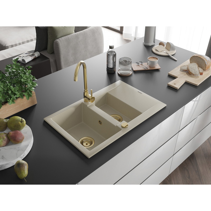 Mexen Gaspar granite kitchen sink 1.5-bowl with drainer and Telma kitchen faucet, beige - 6507-69-670200-50