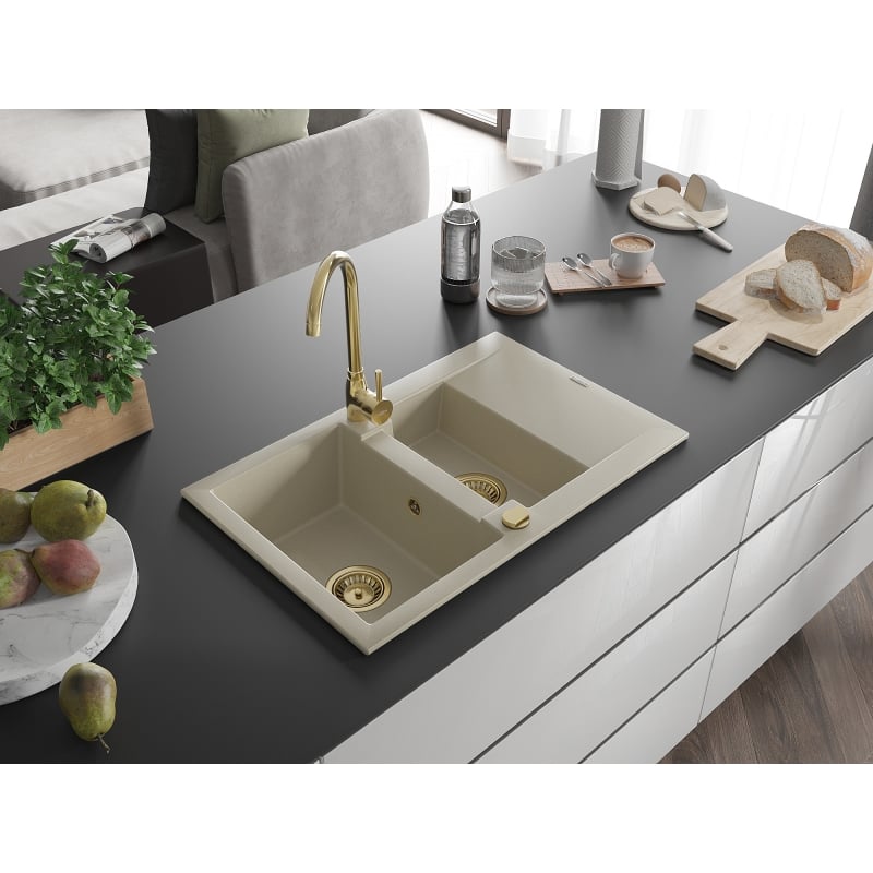 Mexen Gaspar granite sink 1.5-bowl with drainer and Telma kitchen faucet, beige - 6507-69-670200-50