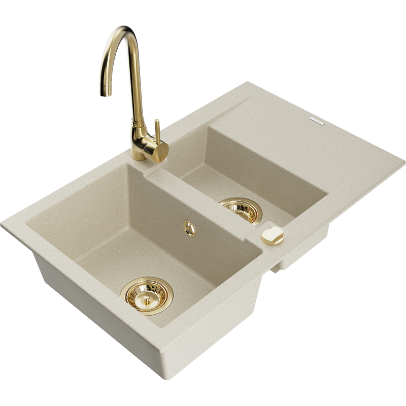 Mexen Gaspar 1.5-bowl granite sink with drainer and Telma kitchen tap, beige - 6507-69-670200-50