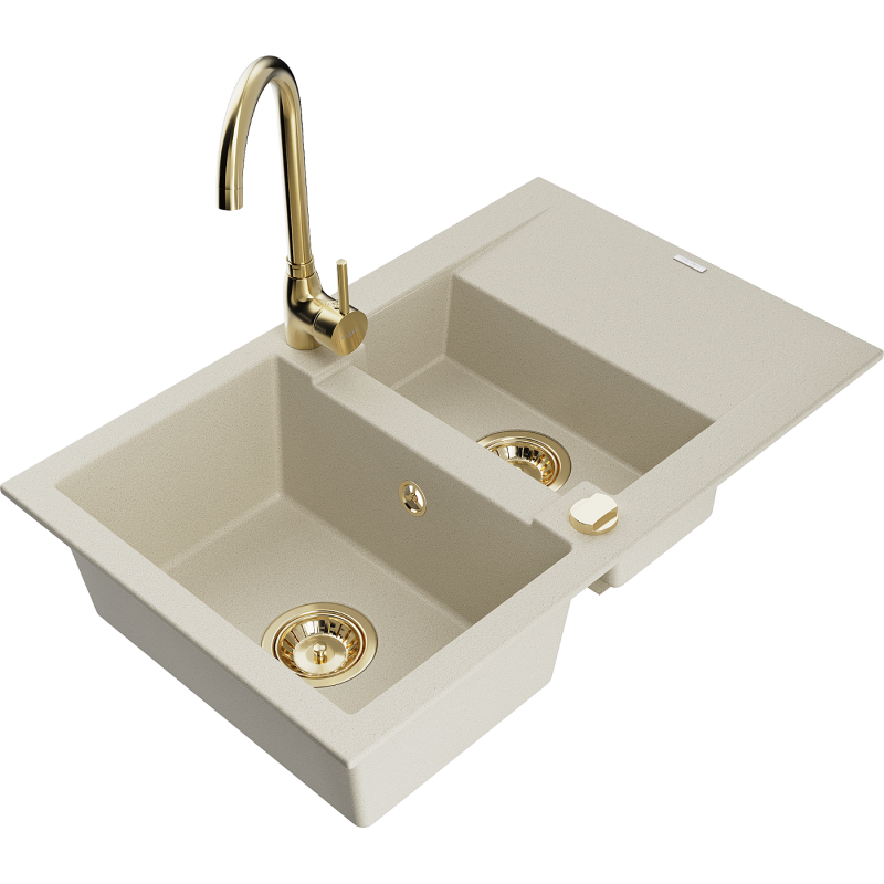Mexen Gaspar 1.5-compartment granite sink with a drip tray and kitchen mixer tap Telma, Beige - 6507-69-670200-50