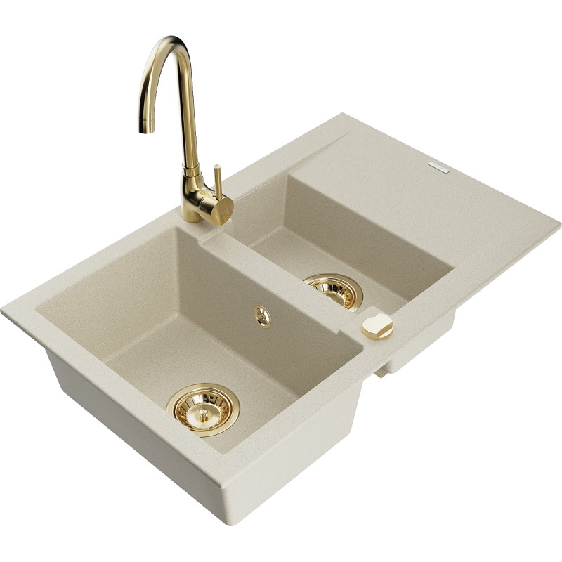 Mexen Gaspar granite kitchen sink 1.5-bowl with drainer and Telma kitchen faucet, beige - 6507-69-670200-50