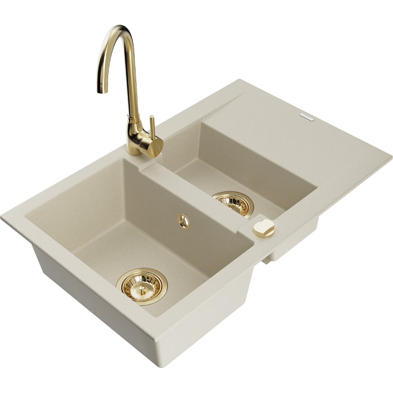 Mexen Gaspar granite sink 1.5-bowl with drainer and Telma kitchen faucet, beige - 6507-69-670200-50