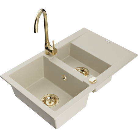 Mexen Gaspar granite kitchen sink 1.5-bowl with drainer and Telma kitchen faucet, beige - 6507-69-670200-50