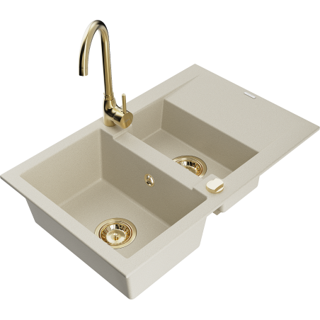 Mexen Gaspar granite sink 1.5-bowl with drainer and Telma kitchen faucet, beige - 6507-69-670200-50