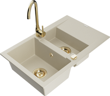 Mexen Gaspar granite sink 1.5-bowl with drainer and Telma kitchen faucet, beige - 6507-69-670200-50